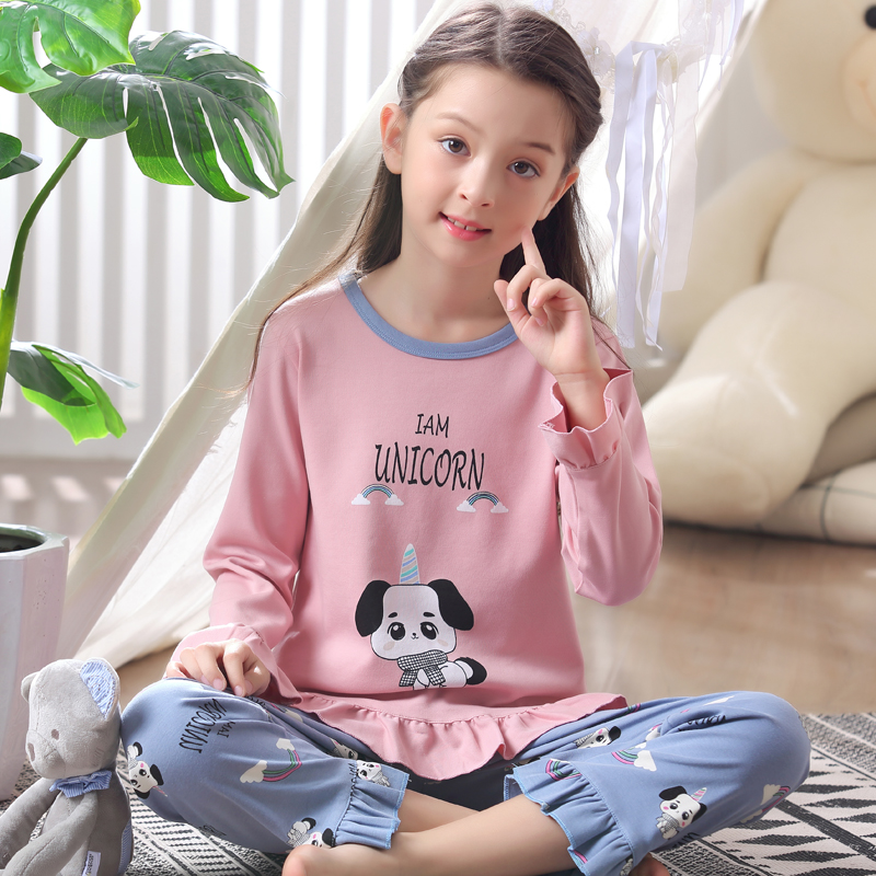 Girls pajamas spring and autumn cartoon cute cotton long-sleeved home clothes in the big boy girl child baby can be worn outside