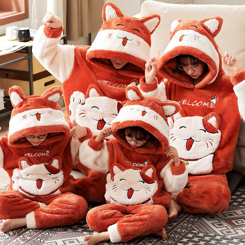 Parent-child red festive recruiters a family of four mother women Coral Suede Pyjamas winter long sleeve male and female children's home clothes
