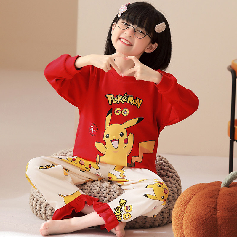 Girl Sleepwear Children Spring Autumn Season Long Sleeves Pure Cotton Slim CUHK Girl Little Girl Princess Red Home Residence Suit Suit