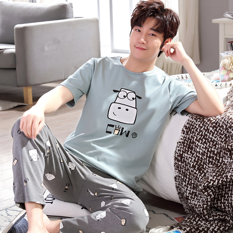 Summer half sleeve men's pajamas small cotton short sleeve long trousers teen air conditioning suit thin