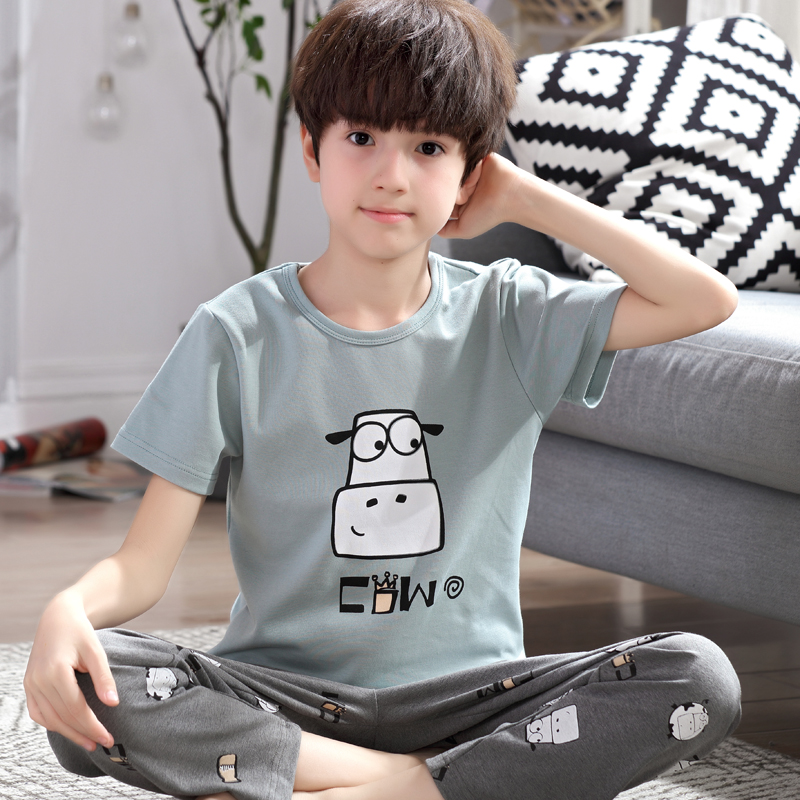 Trẻ em bông nhà quần áo mỏng đồ ngủ boy set boy lạnh bé mùa hè tay áo ngắn 12-15.