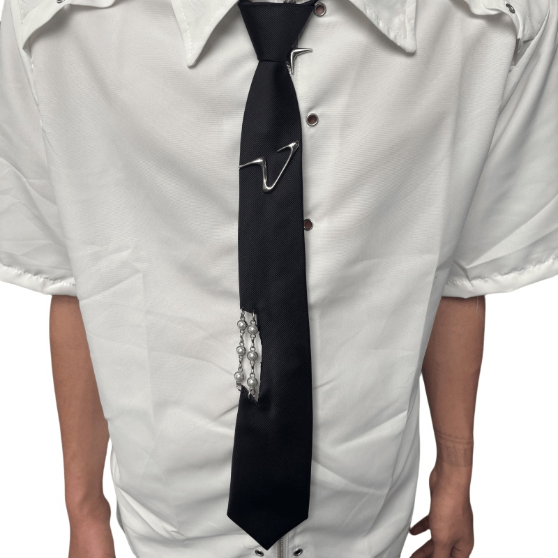 Papr Original Niche Avant-Garde Three-Dimensional Metal Logo Tie Versatile Shirt Pearl Splicing Design Trendy Tie