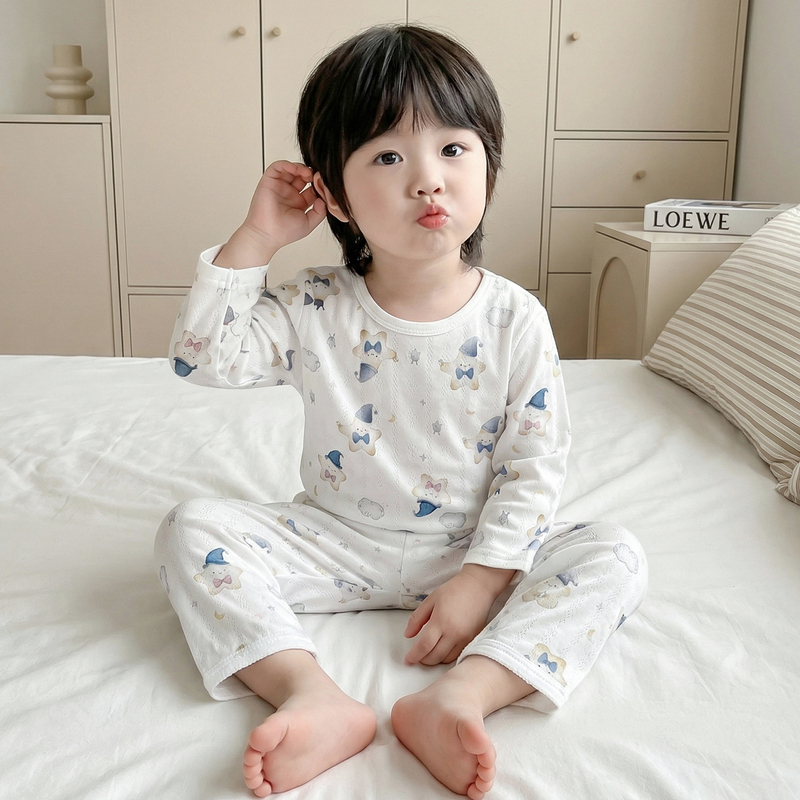 Spring and Summer Children's Pajamas, Thin Boys' Air-Conditioned Home Clothes, Mesh Boys' Cool Long-Sleeved Bamboo Fiber Set