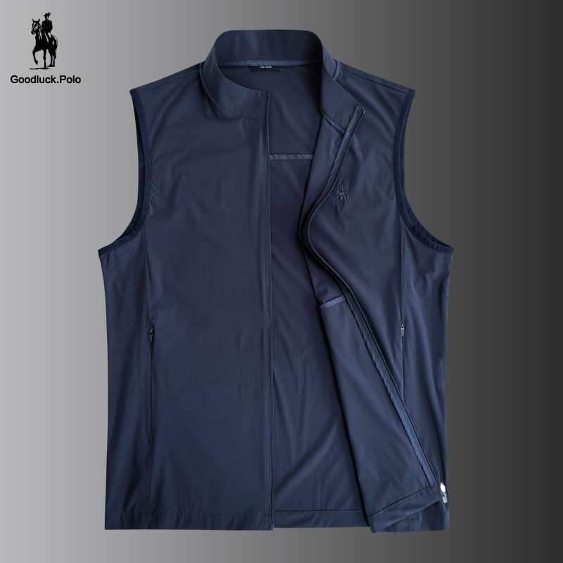 Paul Men's Summer Lightweight Breathable Vest Stand Collar Mesh Embroidery Solid Color Quick-Drying Vest for Men