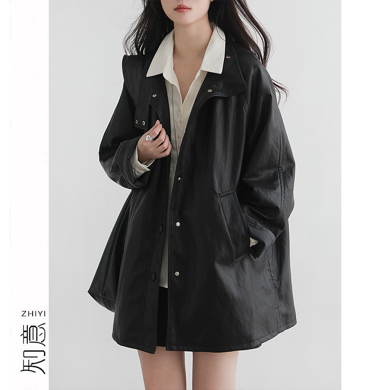 Zhiyi Street Style Handsome Stand Collar Protein Pu Leather Jacket Women's Mid-Length Padded Leather Windbreaker Thick Zhiyi Street Style Handsome Stand Collar Protein Pu Leather Jacket Women's Mid-Length Padded Leather Windbreaker Thick