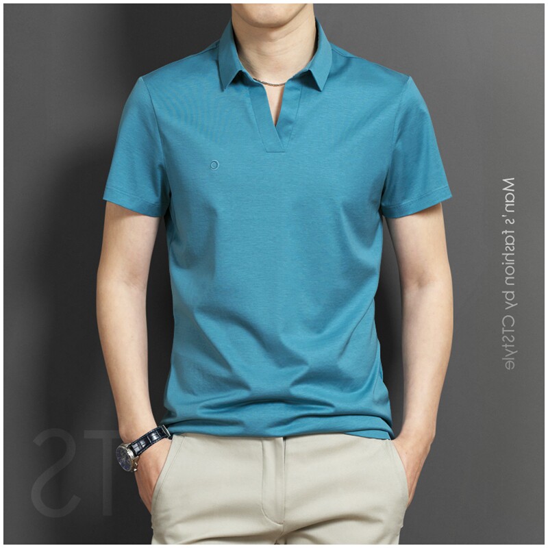 Mercerized cotton short-sleeved T-shirt men's summer thin casual solid color loose POLO shirt men's breathable ice silk T-shirt