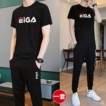 Tide brand short sleeve T-shirt mens summer trend Ice Silk plus size clothing two-piece Sports handsome mens casual set