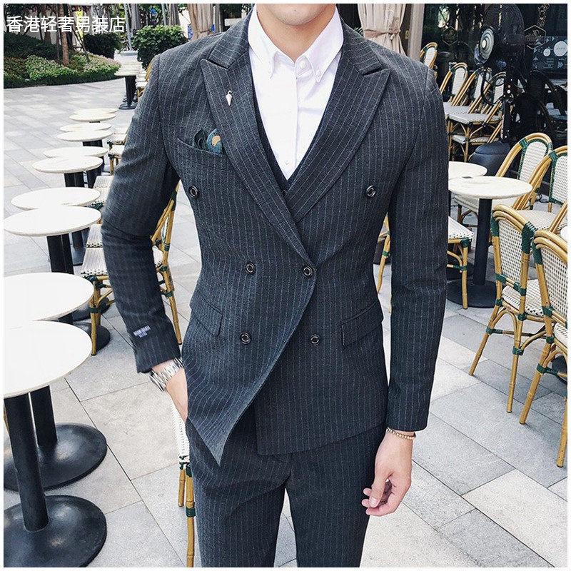 New Lang Suit Suit Men's Han Version Sashimi Double Row Buttoned Striped Business Positive Dress Men's Handsome Suit Three Sets