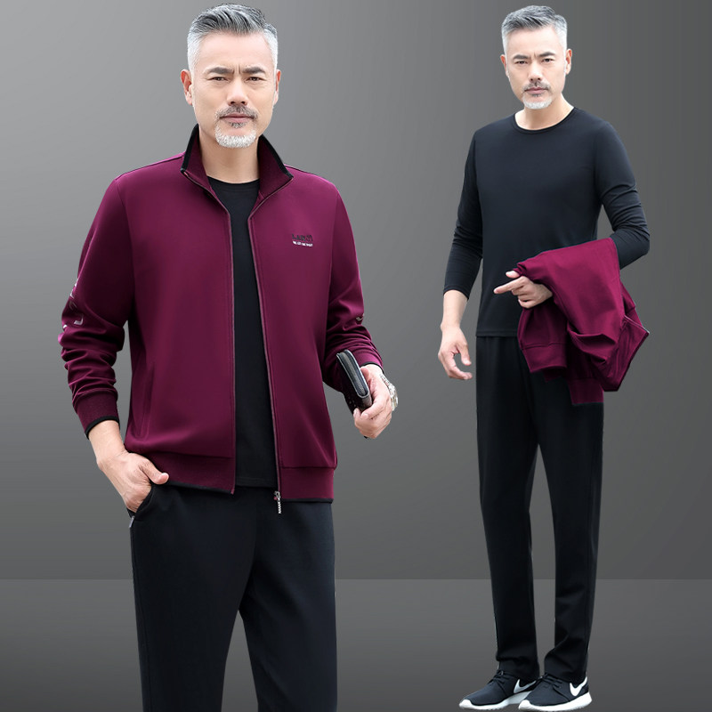 Middle-aged and elderly casual sports suit men's spring and autumn dad's three-piece running sportswear middle-aged sweater jacket