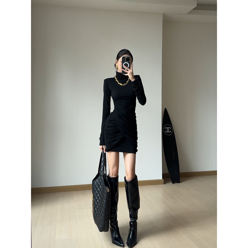 【Hourglass Skirt】Elegant Half-High Collar Long-Sleeve Dress for Women, Autumn and Winter Slimming Bodycon Short Skirt 24139 【Hourglass Skirt】Elegant Half-High Collar Long-Sleeve Dress for Women, Autumn and Winter Slimming Bodycon Short Skirt 24139