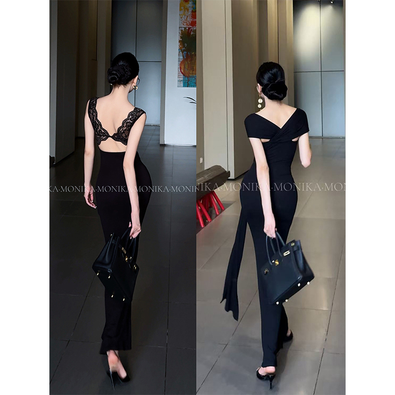【Gul Die】Lace Backless Black Bodycon Fishtail Dress, Sexy and Slim-Fitting, Elegant Long Dress 26072