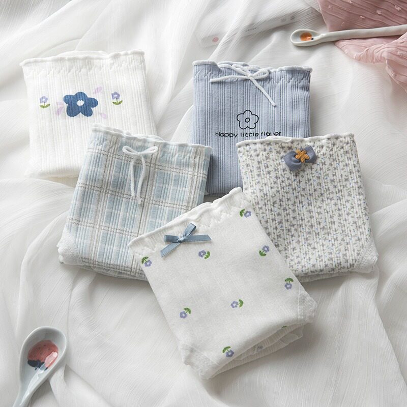 5 pieces of fog blue floral underwear women cotton Japanese girls in the waist antibacterial large size cotton breathable triangle explosion