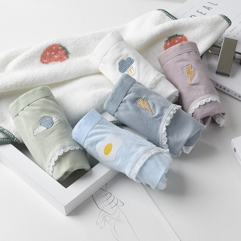5 pieces of pure cotton underwear female antibacterial Japanese girl cotton breathable printing embroidery cute high school student briefs