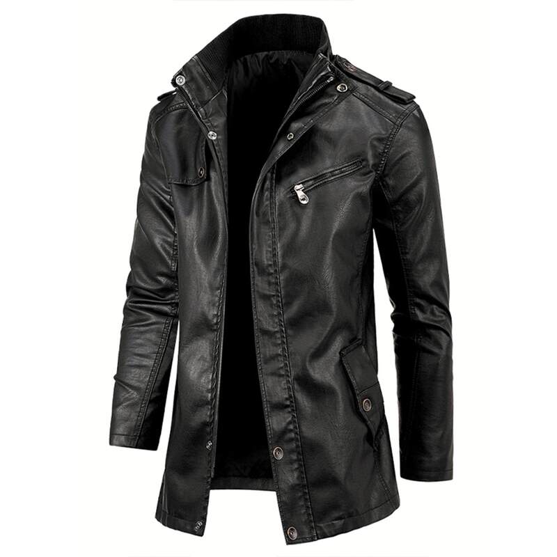 Men's Leather Jacket Autumn and Winter Mid-Length Men's Clothing 2026 New Style Windproof Motorcycle Leather Trench Coat Trendy Men's Winter Coat
