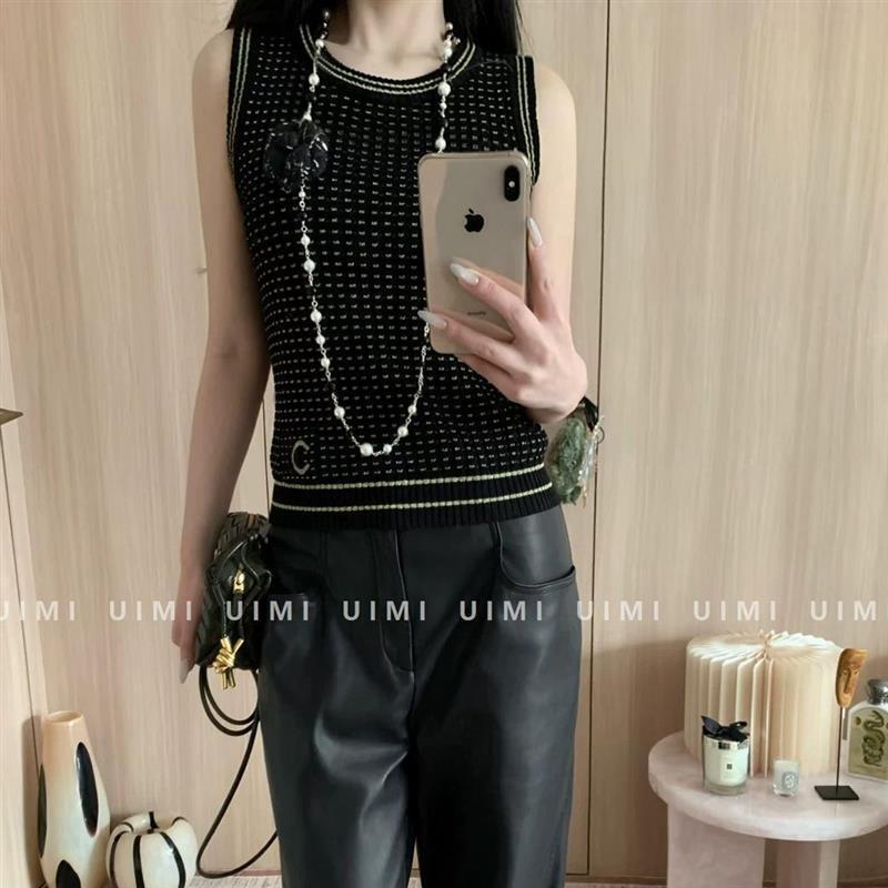 Inshua6/13 Lazy Elegance and Artistic Flair Coexist 26Ss Light Luxury Style Black Shiny Wool Knit Vest Top