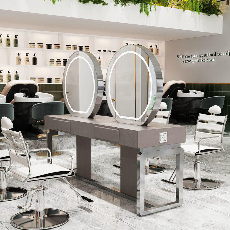 Hair salon mirror table Li Kun shop mirror special table hair salon ironing single-sided double-sided mirror table with lamp photo studio dressing table
