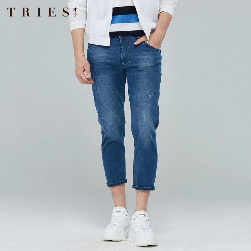 Quần jeans năng khiếu quần nam thứ chín Phiên bản Hàn Quốc của xu hướng mùa hè là quần lửng nam họa tiết trơn thời trang - Quần jean