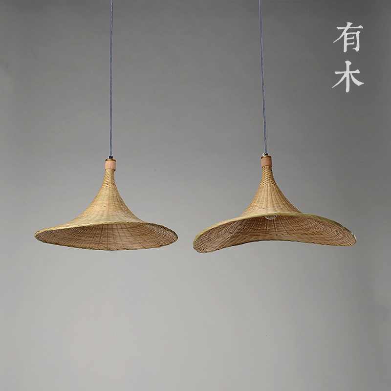 There are wooden bamboo chandelier straw hat lamp restaurant lamps Japanese simple Chinese porch balcony