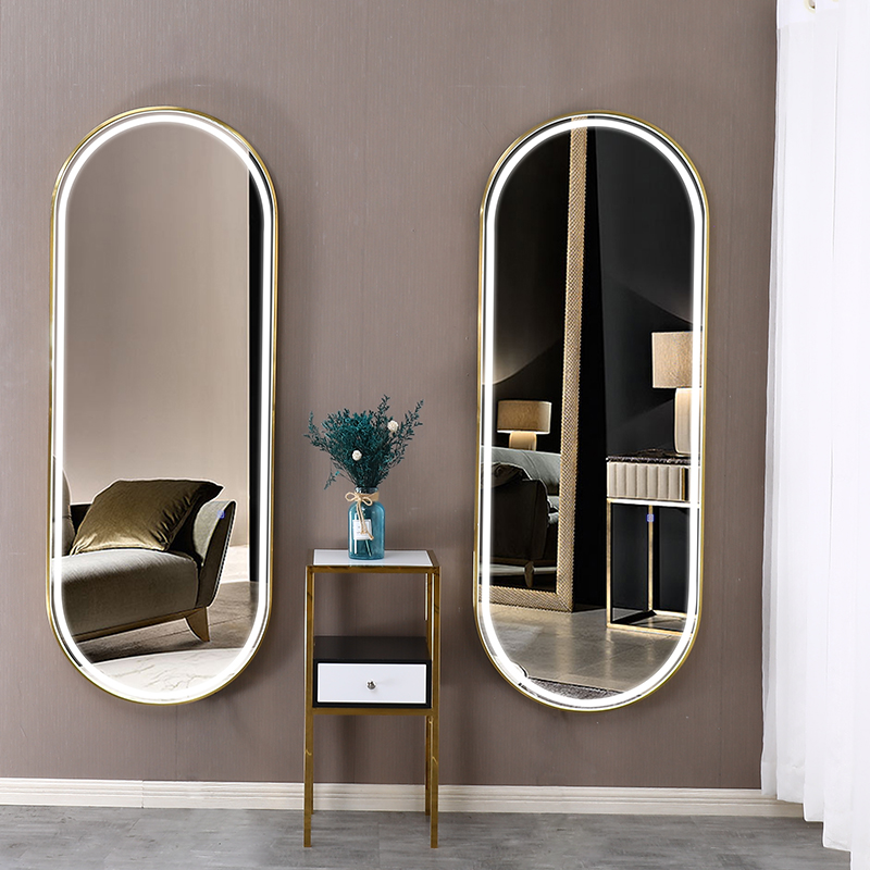 New upscale stainless steel golden single-sided beauty hair mirror desk hairdressing-shop hanging wall cut hair with lamp mirror hair salon special-Taobao