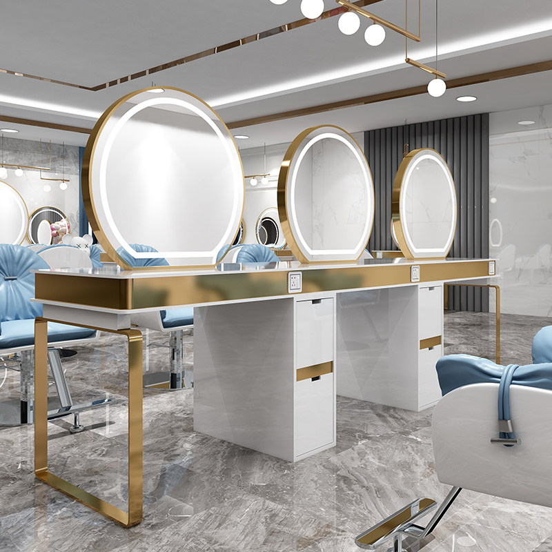 Barber shop mirror table light luxury high-end hair salon with light hairdressing mirror stainless steel European-style photo studio makeup perm dyeing mirror table