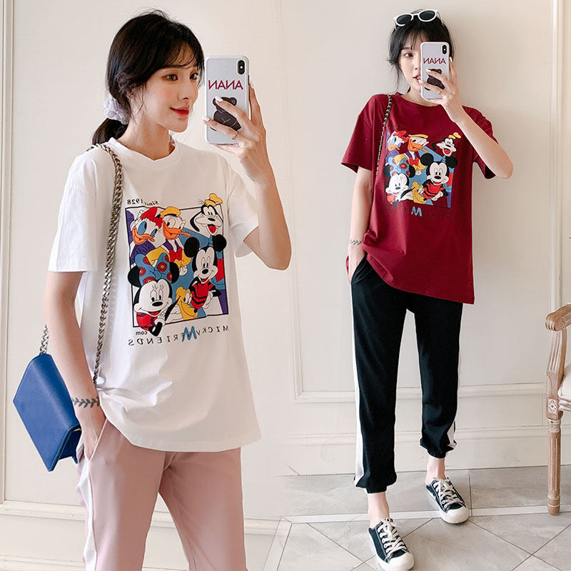 Pregnancy Woman Dress Summer Clothing Suit Fashion Style Net Red Two-piece T-shirt Blouses Pure Cotton Short Sleeve Superior Feel Summer Summer