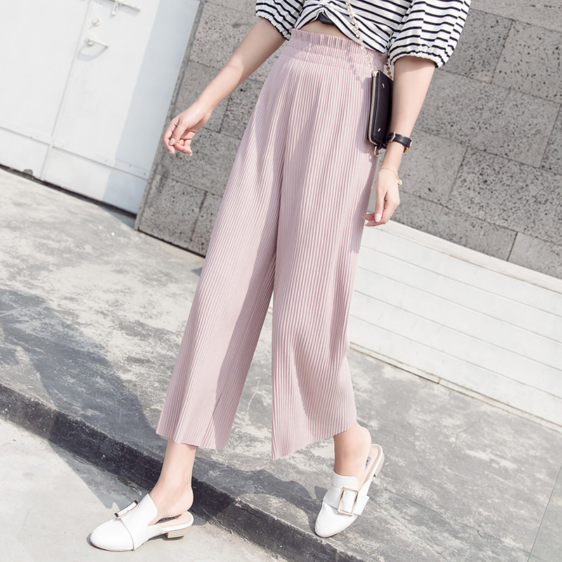 Hong Kong high waist vertical straight barrel Western style ice silk pleated hakama chiffon wide leg loose thin section pleated nine-point pants women