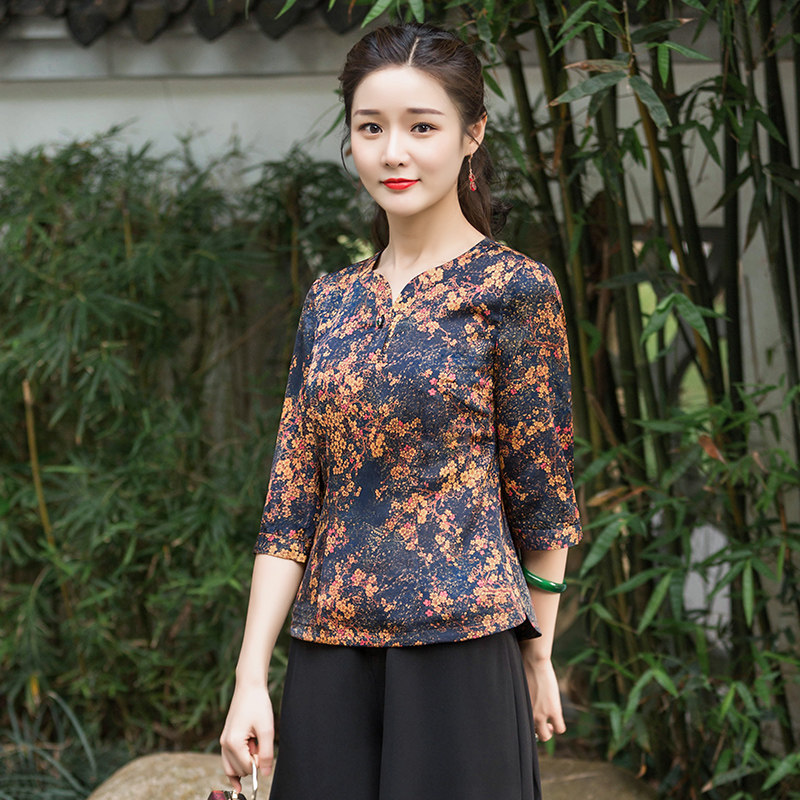 Huachu Classic Tang Dress Improved Version Women's Fashion Blouse Short middle sleeve fall Skinder with a thin imitation fragrant cloud yarn blouse
