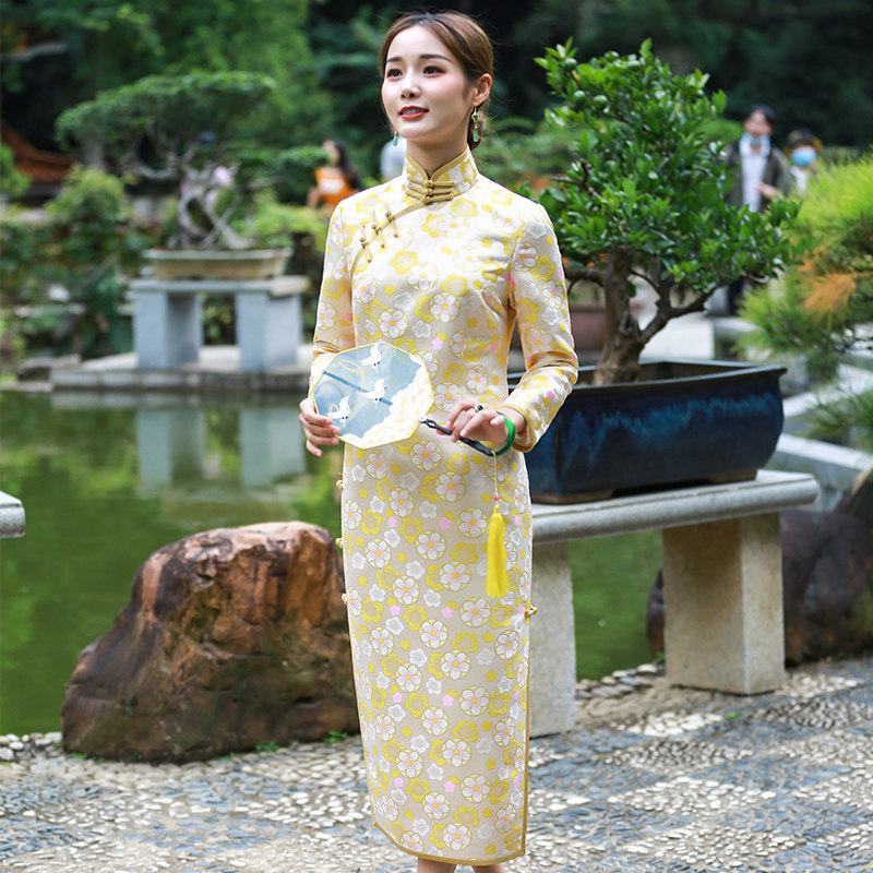 Chinese classic flaggown improved version of the new Chinese retro-style lean temperament elegant long sleeves