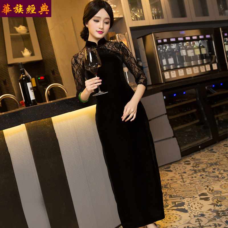 Huachu Classics 2021 New Long Version Velvet Qipao Improved Fashion Middle Long Sleeve Black Lace Cheongsam Dress
