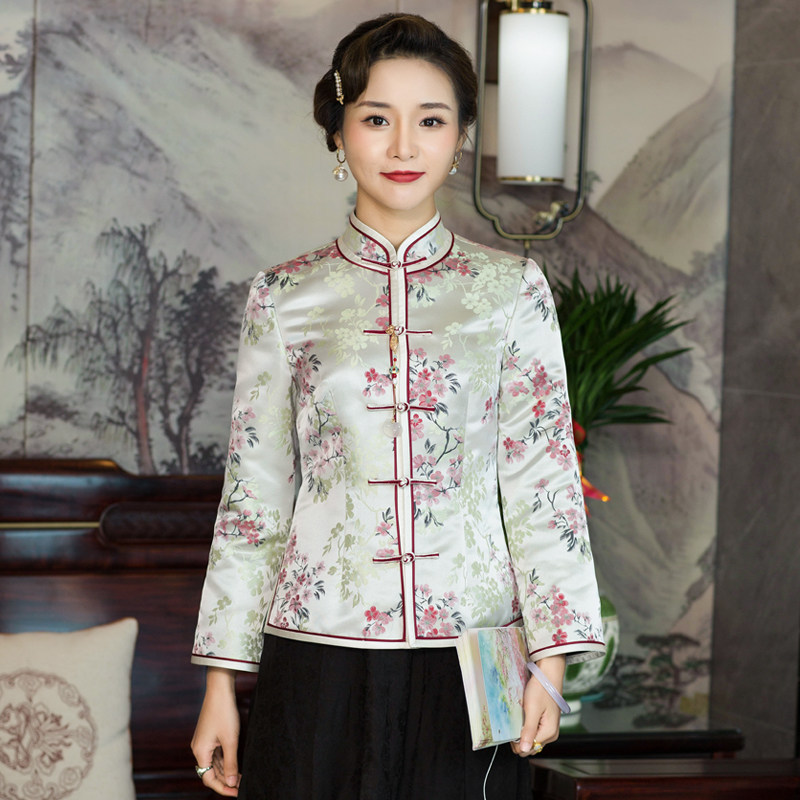 Huahua Classic Tang Dress Woman Improvement Fashion to the Daily Retro Long sleeves Spring Short Banner Gown for the Daily Retro Long sleeves of the Lady Brokenness
