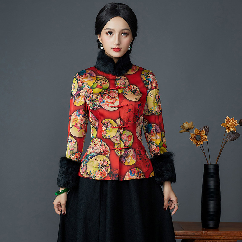 2021 Autumn Winter New Improved Tang Dress Woman Retro China Wind Thickened Warm Banquet Big Size Code Qipao Blouse Blouse Long Sleeve