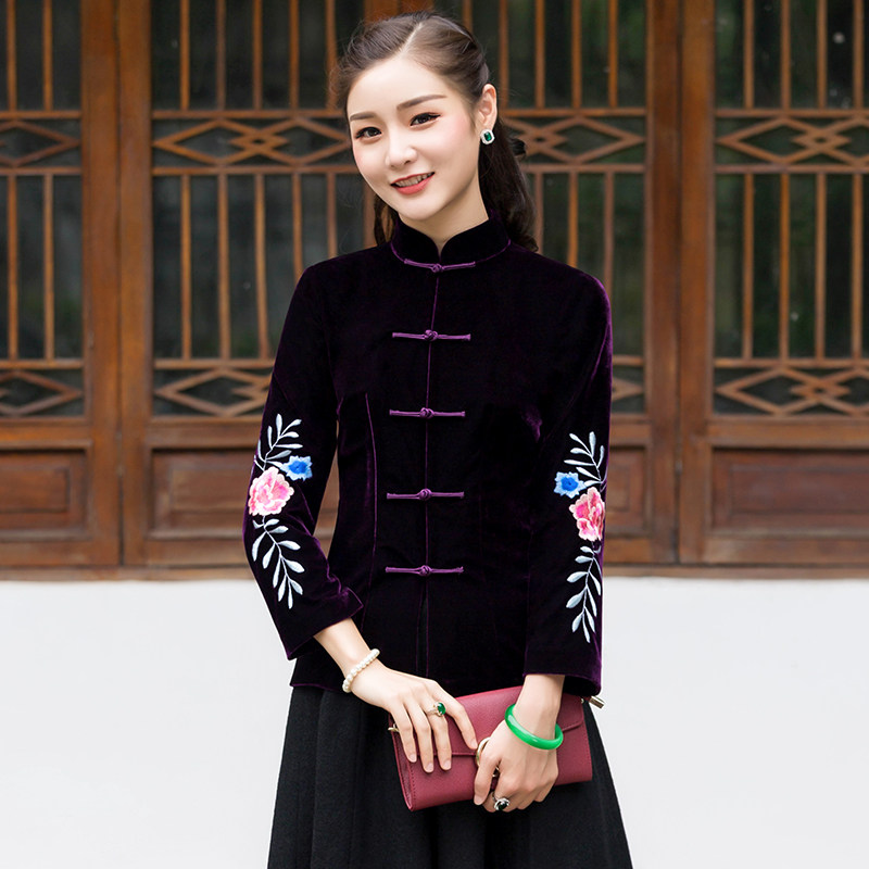 Huahua Classic Improvement Qipao Blouse Blouse Jacket Autumn Winter New Daily Body Gold Velvet Embroidery Pair Cardiovert Buttons Blouses Women