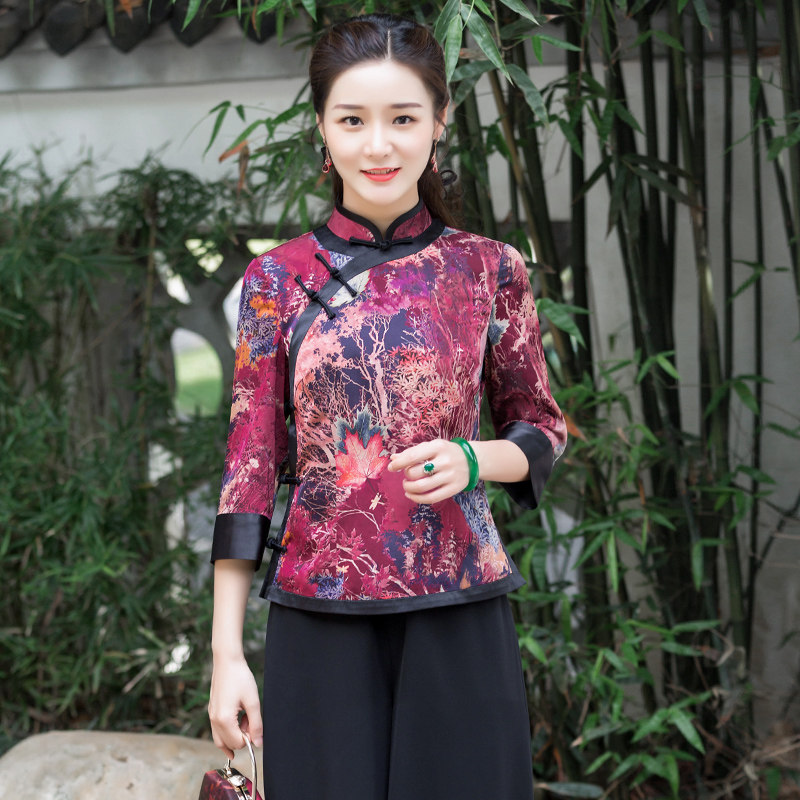 Huachu Classic Retro Blouse Women China Wind Short handmade disc buckle with a slim Republic of China Wind and Tang Costume Women's Autumn