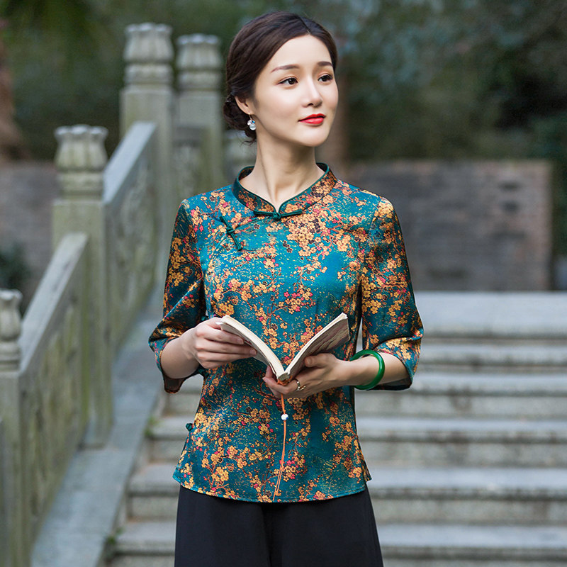 Huahua Classic Tang Dress Blouse Women's Fall Daily Sashimi slim short and medium sleeves Improved Chinese style disc buckle blouses woman