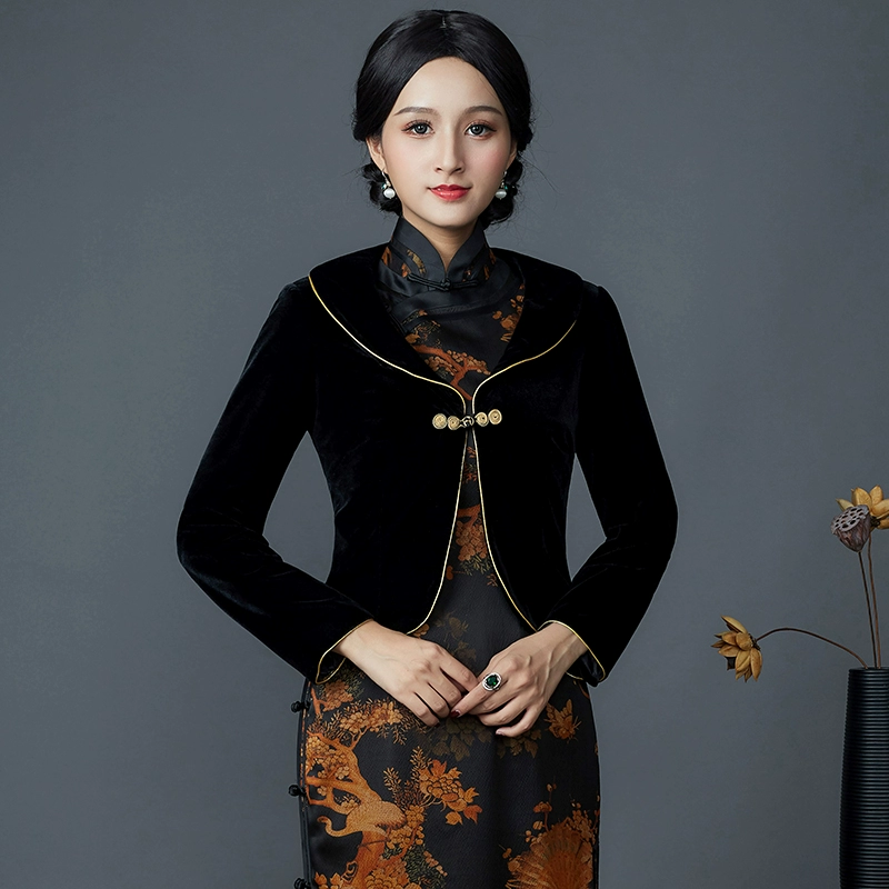 Áo khoác ngắn mùa thu cổ điển Trung Quốc của phụ nữ đã cải thiện khả năng tự tu hàng ngày Áo khoác sườn xám thanh lịch với một chiếc khăn choàng nhỏ hoang dã - Áo khoác ngắn