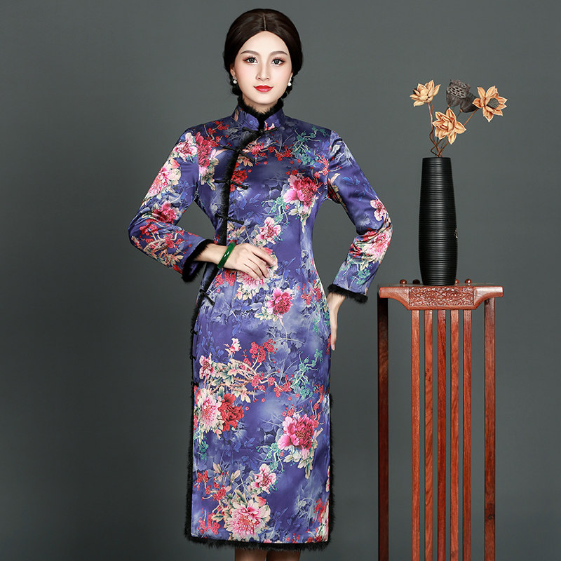 Chinese classic improved bandrobe long autumn winter thickening clamp Chinese retro lady elegant dress woman
