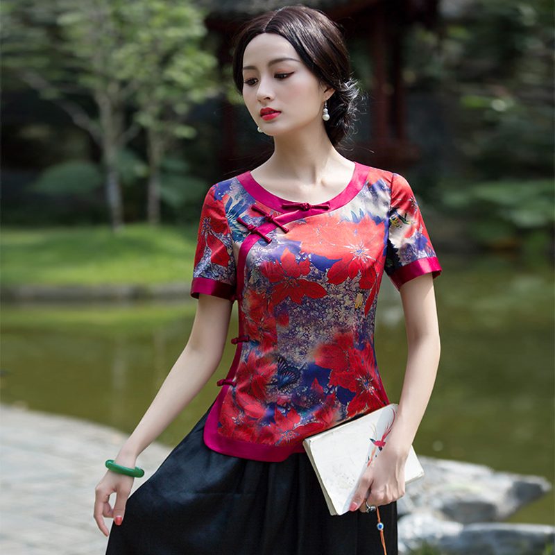 Huahua Classic Improvement Qipao Blouse Blouse Blouse Women's Fashion Short And Round Collar Display Slim Country Wind Women's Disc Button Blouses Women's Fashion Summer