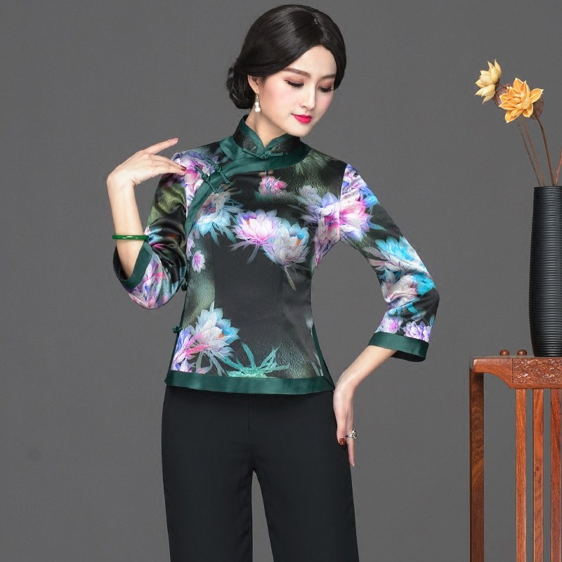Huethnic Classic Real Silk Tang Dress Blouse Retro New Chinese Style Dish Buttons Tea Art Costumes Women China Wind Qipao Blouses