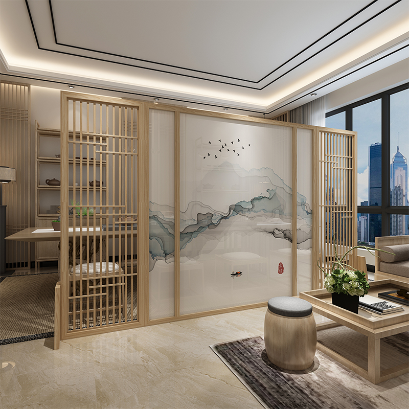 New Chinese Partition Living Room Villa Hollowed-out Wall Screen Solid Wood Custom Foyer Decoration Abstract Landscape Log Holder Screen