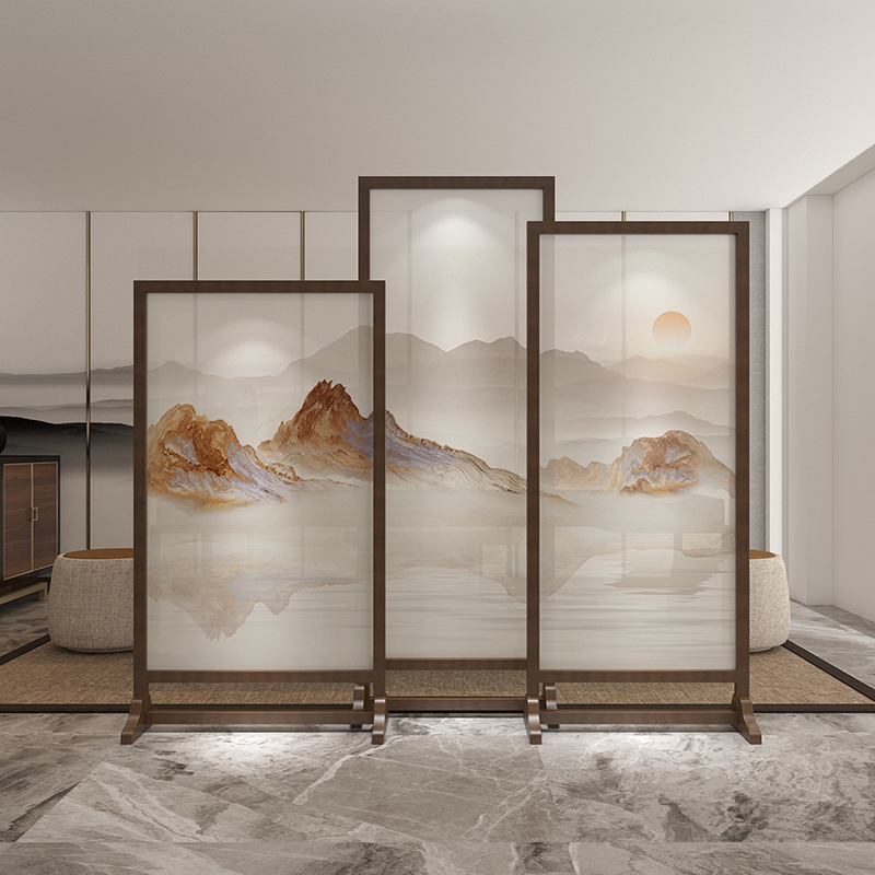 New Chinese Screen Xuanguan Partition Wall Living Room Simple Modern Tea Room Solid Wood Mobile Cloth Art Golden Landscape screen