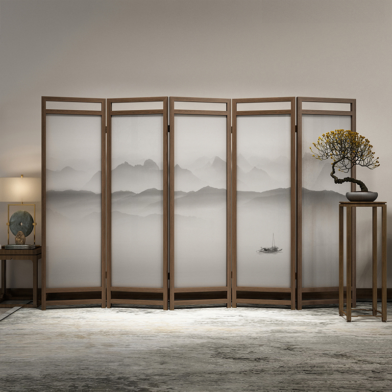 New Chinese Landscape Folding Folding Screen Office Solid Wood Mobile Genguan Wall Living Room Hotel Brief Hollowed-out Folded Screen