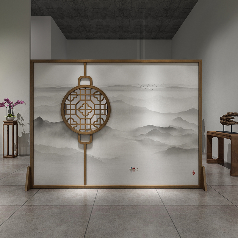 New Chinese Entrance Screen Partition Wall Tea Room Decoration Living Room Modern Genguan Landscape Hollowed-out Carved Solid Wood Holder