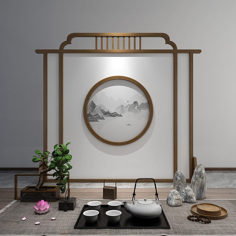 New Chinese Screen Tea Room Partition Wall Living Room Solid Wood Hotel Genguan Villa Art Background Hollowed-out Decorative seat screen