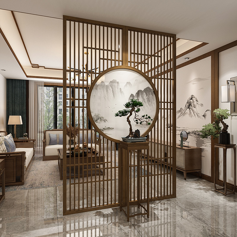 New Chinese Landscape Screen Living Room Solid Wood Decoration Partition Wall Hotel Log Genguan Villa Custom Hollowed-out Base Screen