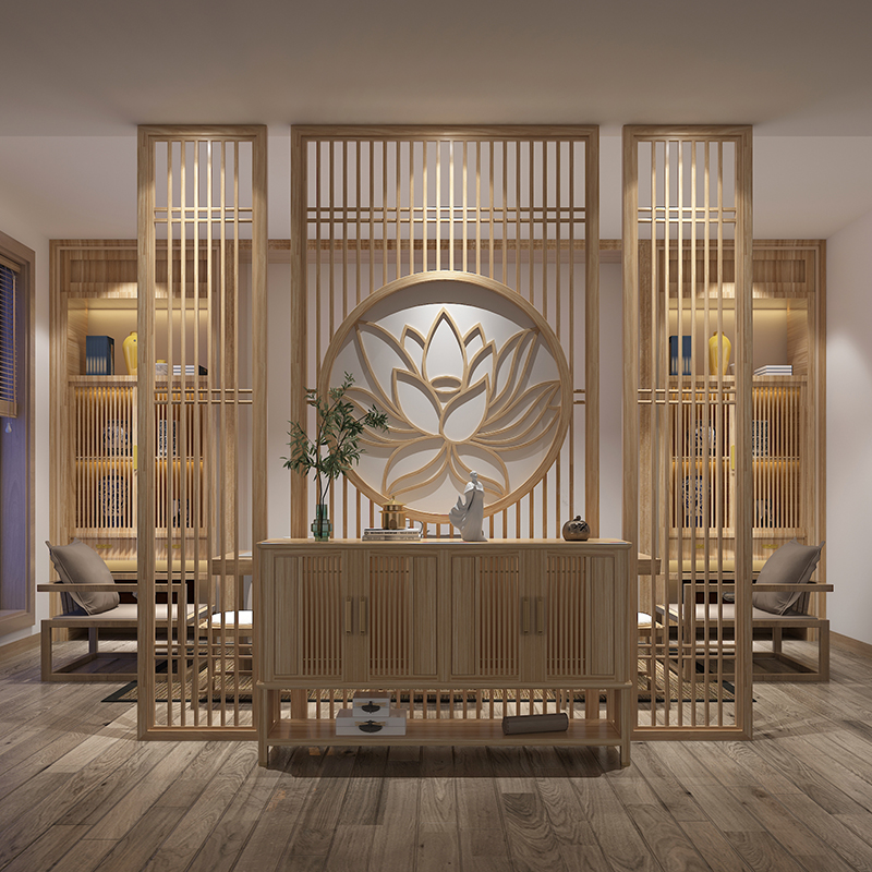 New Chinese-style screen partition wall solid wood living room lotus hollow decoration villa dining room custom log porch fence