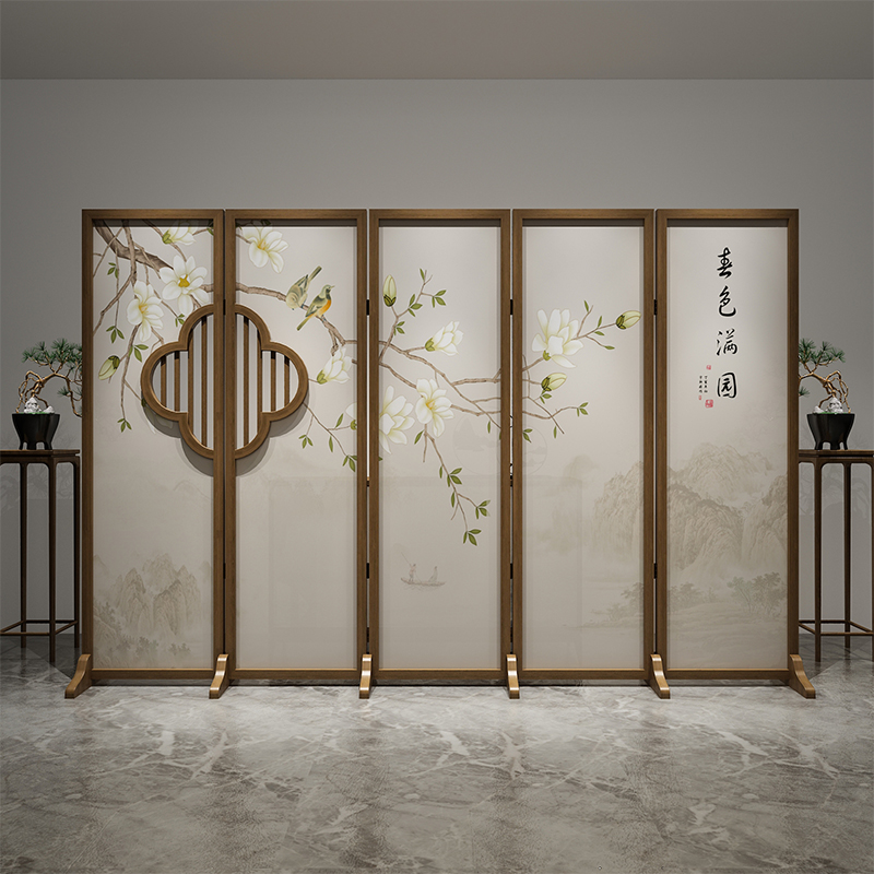 Chinese-style flower and bird screen folding mobile grille porch solid wood hollow partition living room bedroom simple modern folding screen