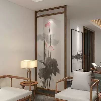 New Chinese partition living room shielding half-transparent solid wood screen bedroom room household dining room ink lotus entrance wall