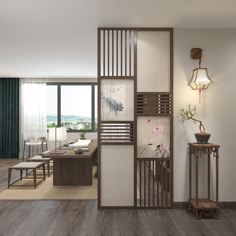 Chinese style screen partition living room solid wood decorated with fowny log hollowed-out dining hall hallway lotus flower shelter from Xuanguan Wall