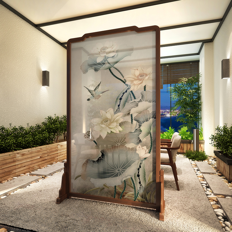 Chinese style lotus screen bedroom Xuanguan partition wall living room small family style brief retro solid wood mobile doorway seat screen
