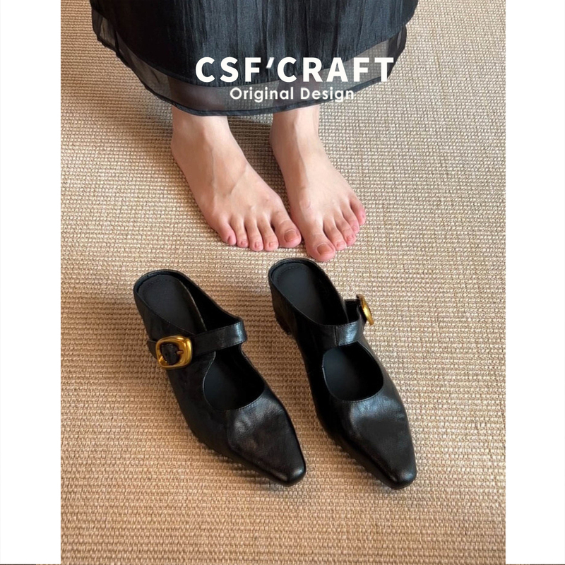 Sheepskin Version~French Retro Style Pointed-Toe Mules with Metal Buckle for Women, Summer Outdoor Wear Slip-On Half-Slippers